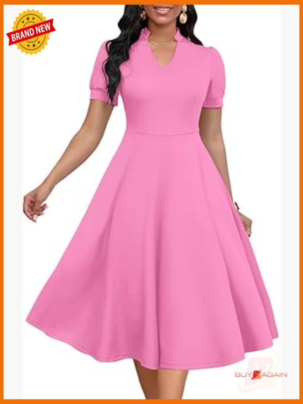 Puff Sleeve V Neck A-Line Cocktail Dress Casual Semi-Formal